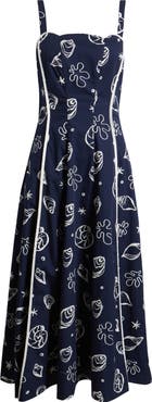 MOON RIVER Shell Print Piped Cotton Midi Dress