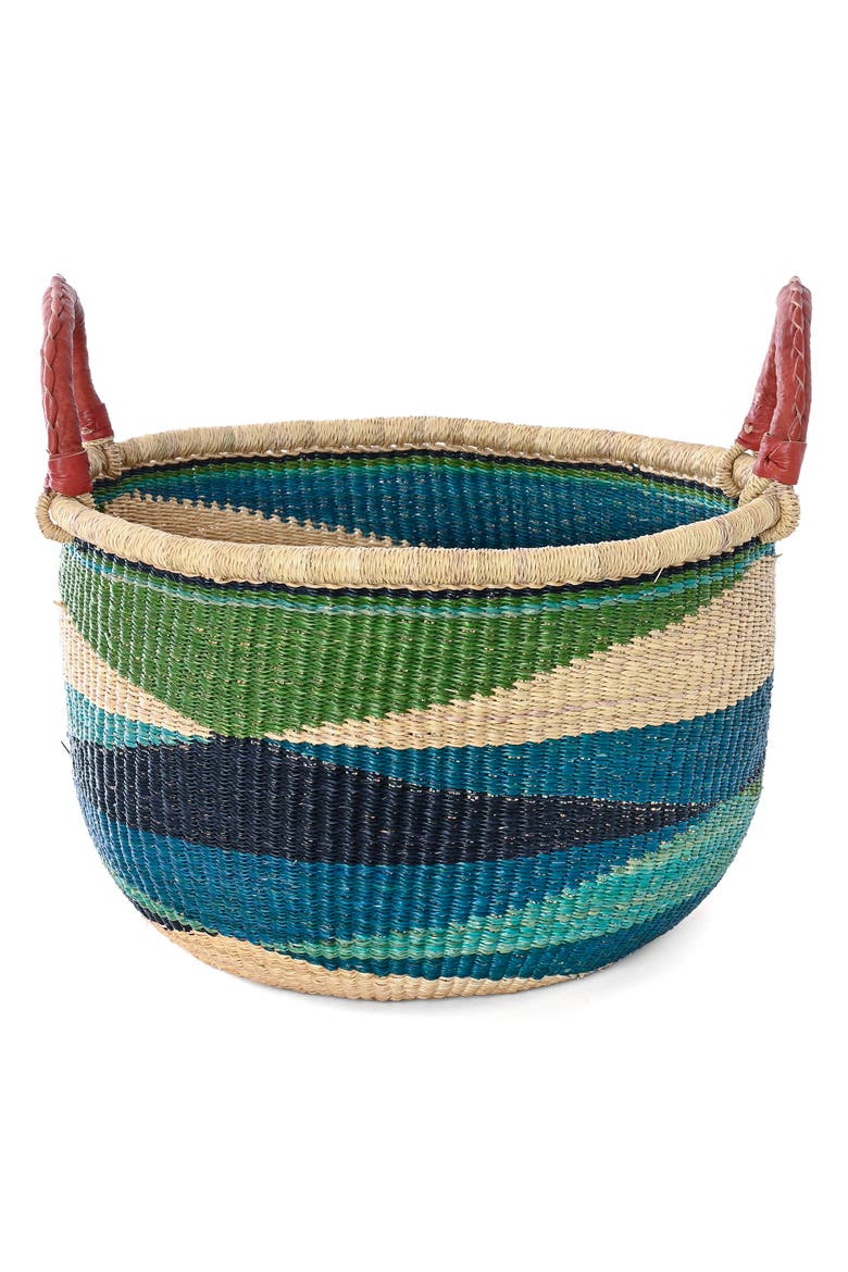 Shades of Blue Triangle Design Bolga Basket with Leather Handles, Alternate, color, Blue