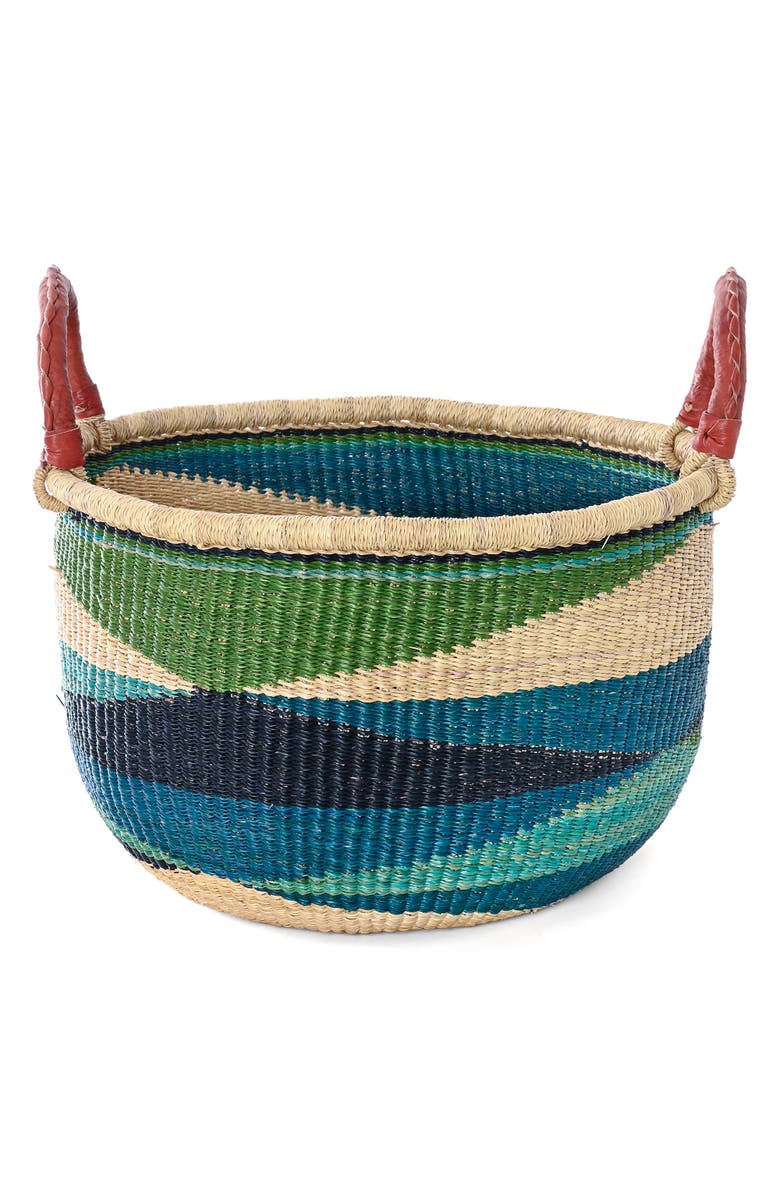African Modern Shades of Blue Triangle Design Bolga Basket with Leather Handles, Alternate, color, Blue