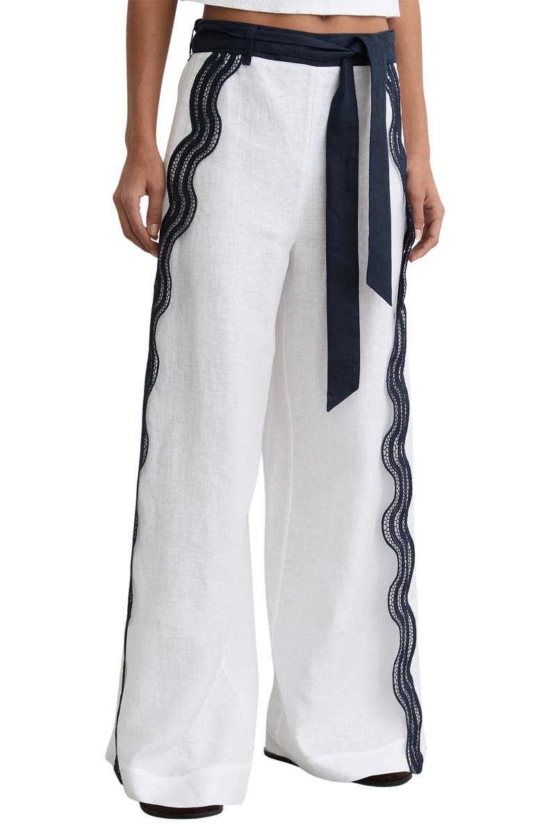 Reiss Farah Embroidered Linen Pants, Main, color, Ivory/ Navy