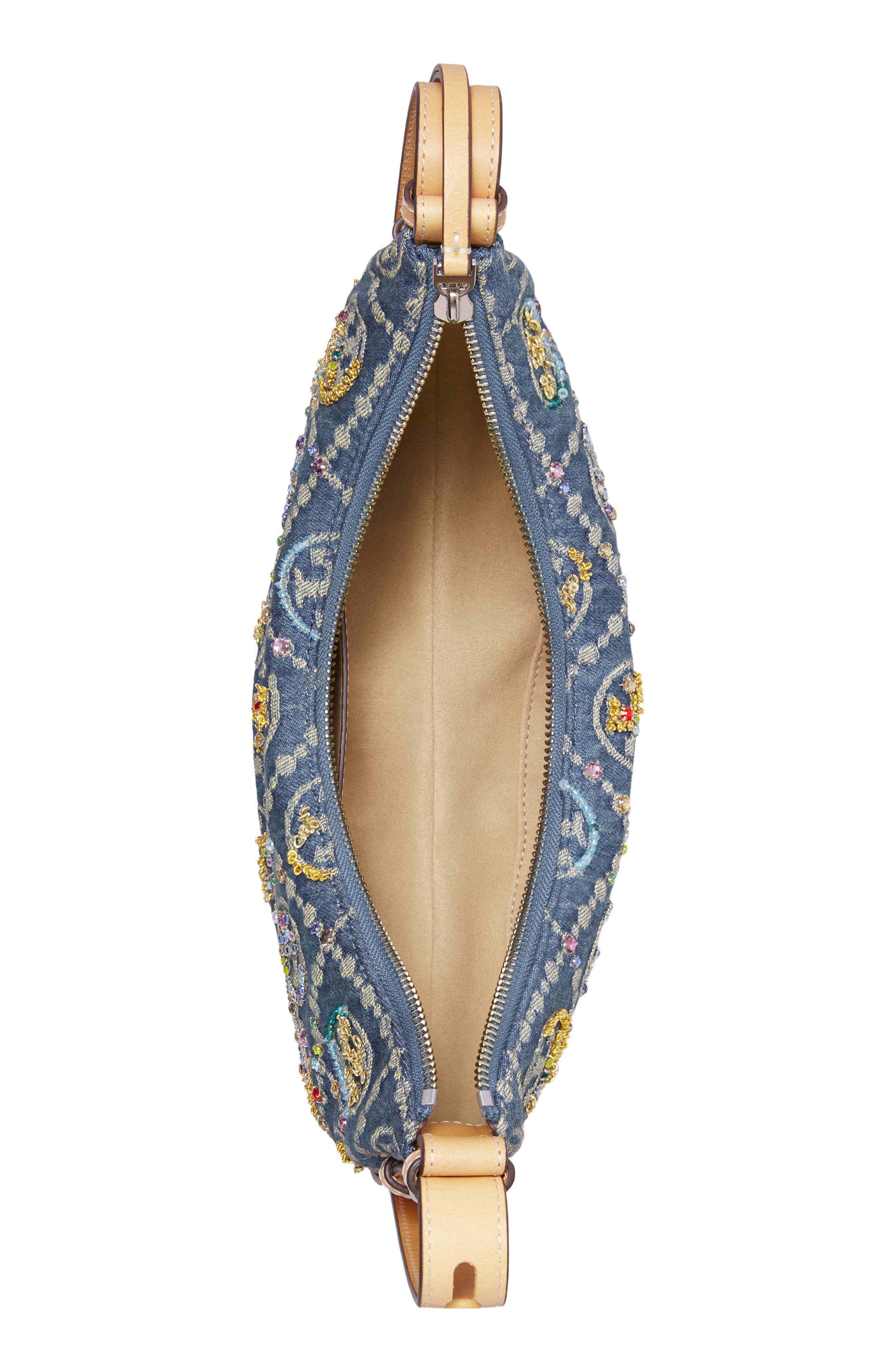Romy T Monogram Embellished Denim Half Moon Bag, Alternate, color, BOAT HOUSE