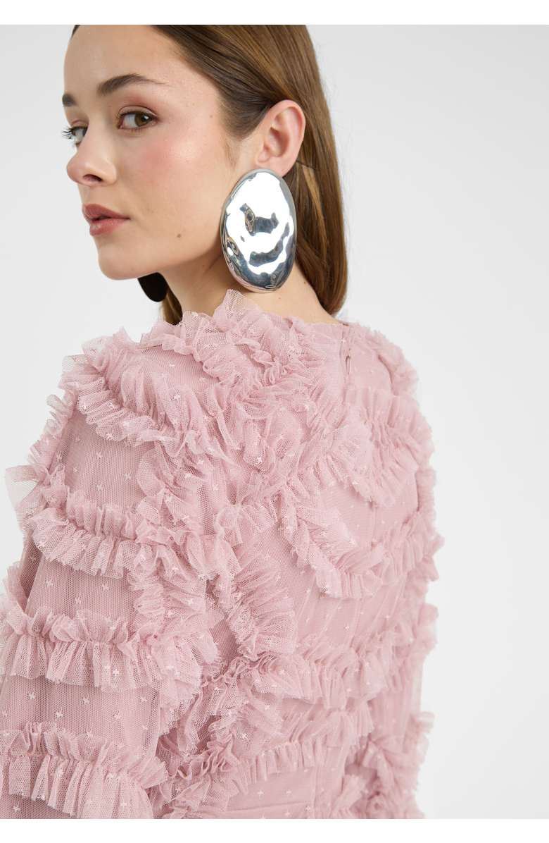 MARYISA Modest Ruffle Dress Maxi With Self Print Mesh, Alternate, color, Frosted Pink