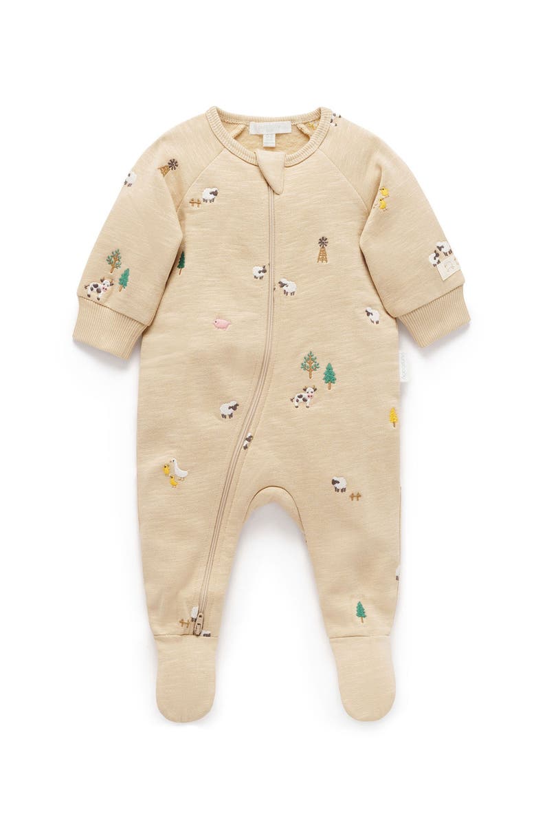Purebaby Embroidered Fleece Footie, Main, color, Farm Friends Broderie