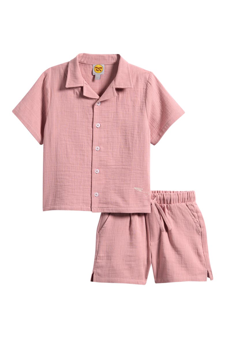 Kids' Rose Cotton Muslin Camp Shirt & Drawstring Shorts Set, Main, color, PINK