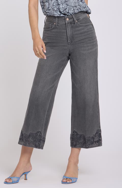 NYDJ Teresa Floral Hem High Waist Ankle Wide Leg Jeans (Dusty Ash) (Regular & Petite)