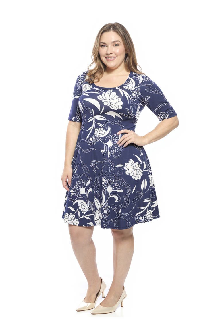 Plus Size Floral Scoop Neck Elbow Sleeve Knee Length A-Line Dress, Alternate, color, Navy Multi