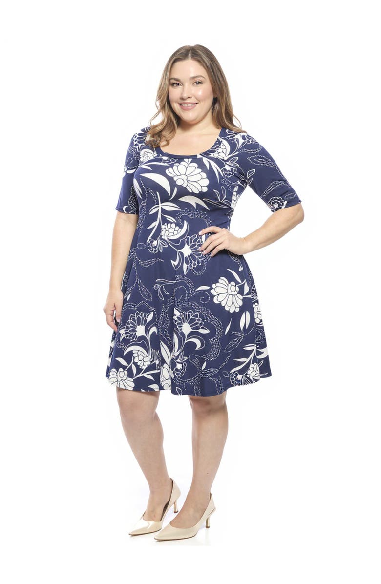 24seven Comfort Apparel Plus Size Floral Scoop Neck Elbow Sleeve Knee Length A-Line Dress, Alternate, color, Navy Multi