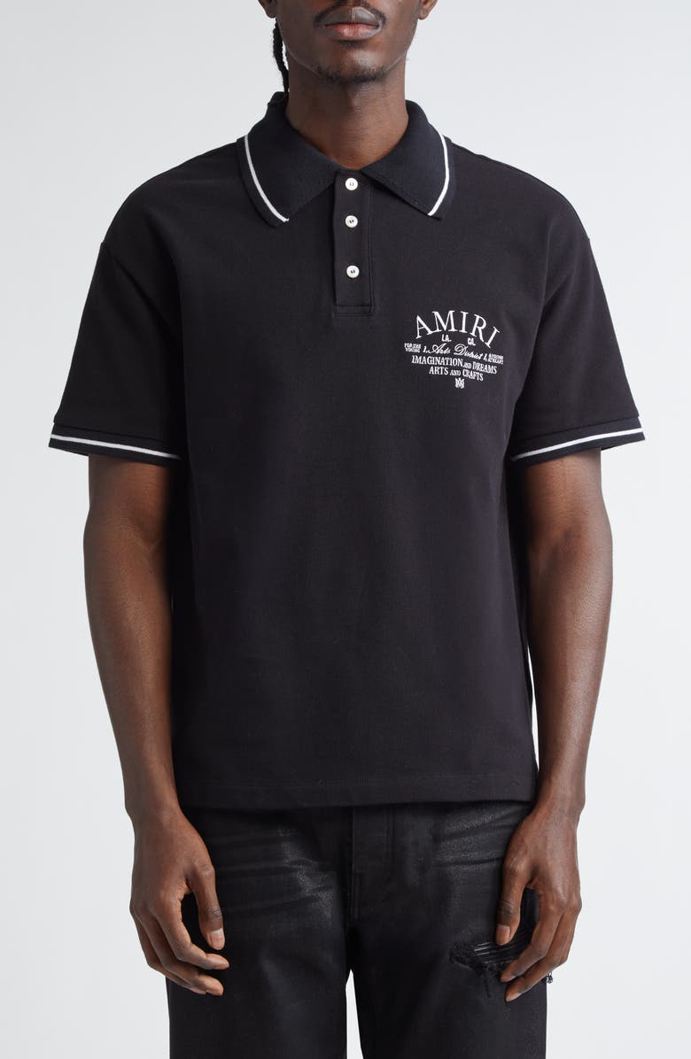 AMIRI Arts District Embroidered Cotton Piqué Polo, Main, color, Black