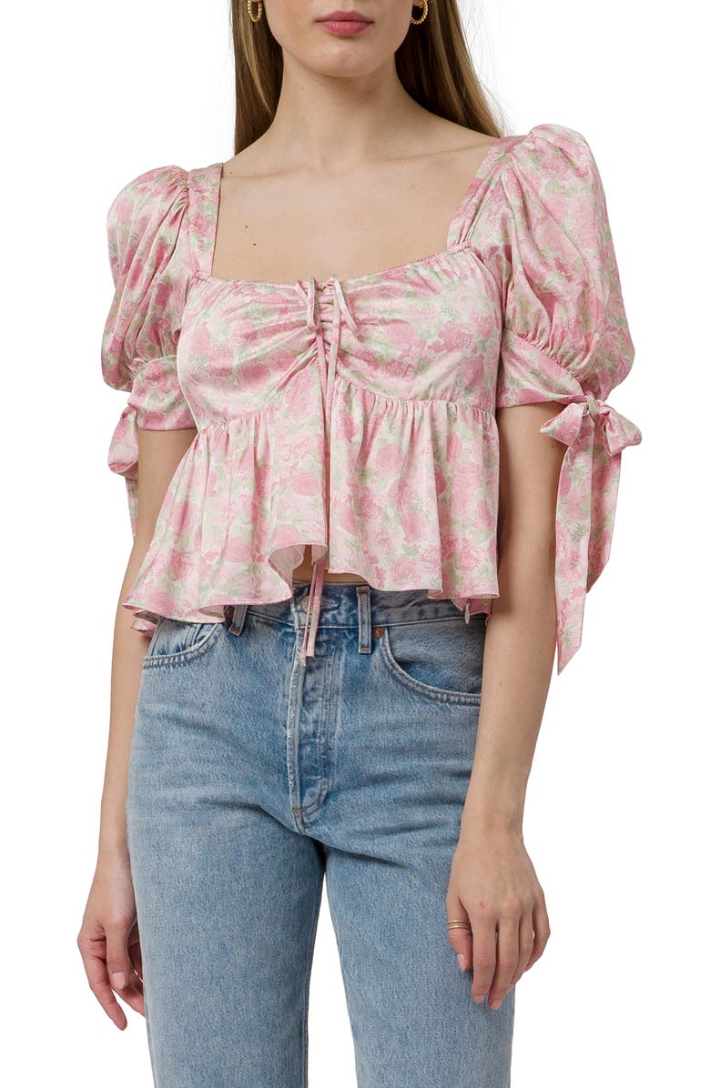 WAYF Floral Print Puff Sleeve Peplum Top, Main, color, 