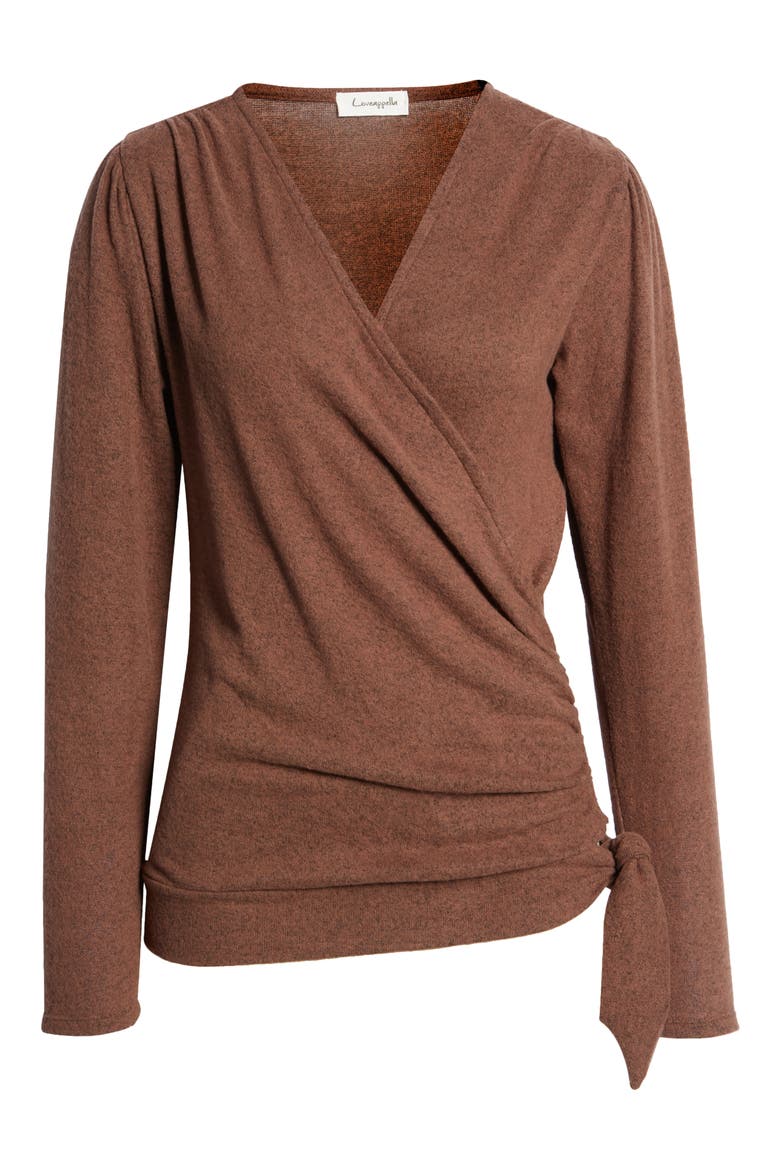 Long Sleeve Faux Wrap Top, Alternate, color, CHOCOLATE