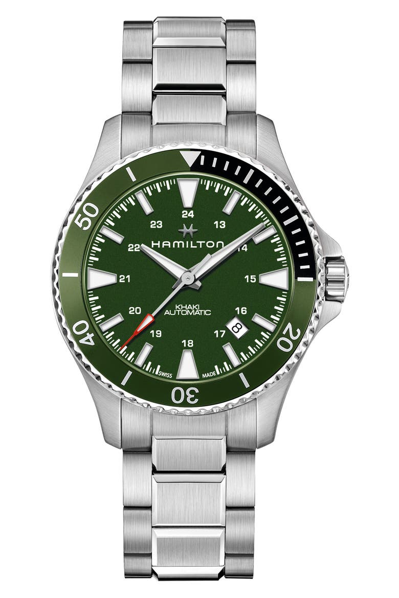 Khaki Navy Scuba Automatic Bracelet Watch, 40mm, Main, color, GREEN/SILVER