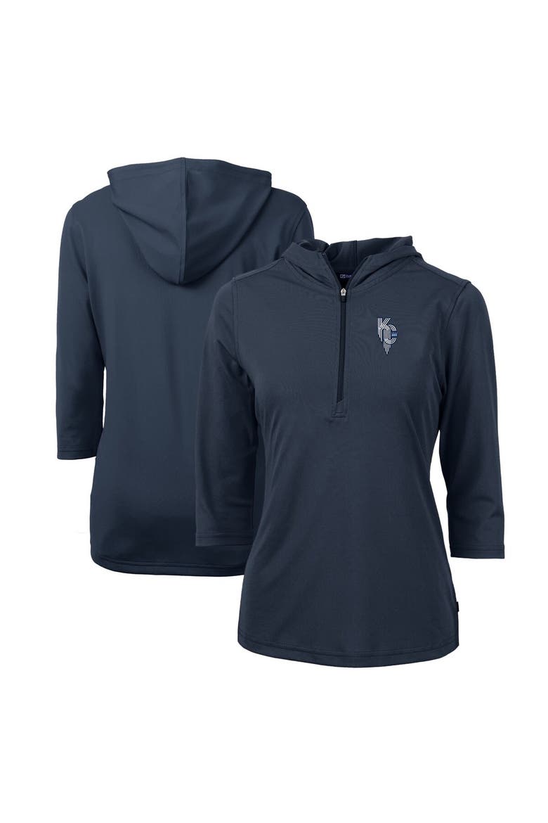 Women's Cutter & Buck  Navy Kansas City Royals City Connect DryTec Virtue Eco Pique Recycled 3/4-Sleeve Half-Zip Pullover Hoodie, Main, color, Navy