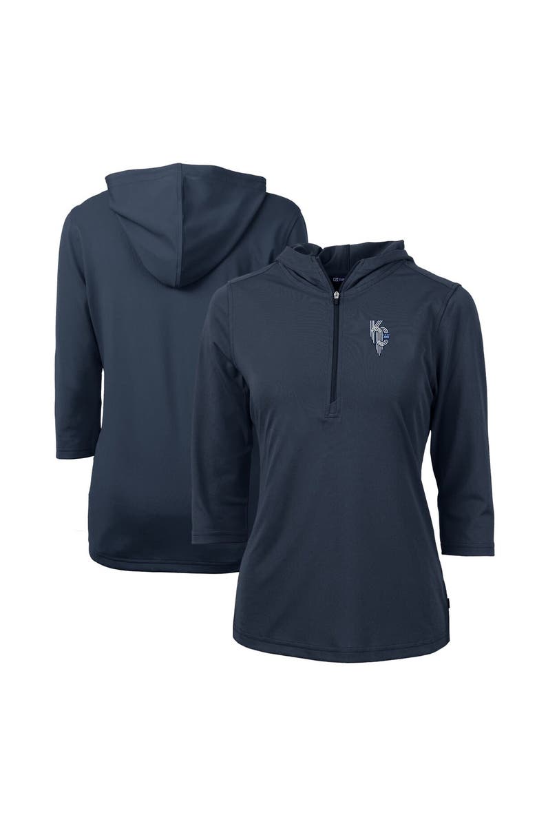 Cutter & Buck Women's Cutter & Buck  Navy Kansas City Royals City Connect DryTec Virtue Eco Pique Recycled 3/4-Sleeve Half-Zip Pullover Hoodie, Main, color, 