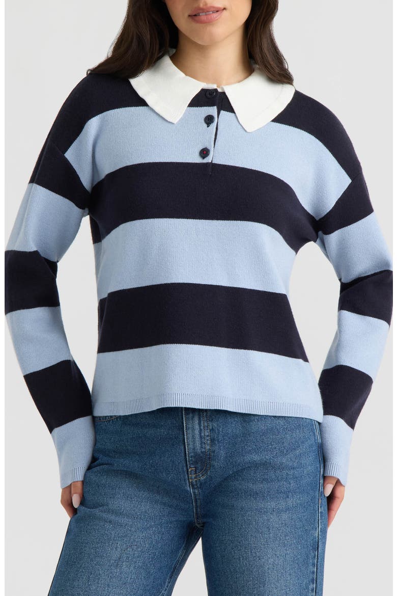 Ruffled Polo Collar Striped Rugby Sweater, Main, color, NAVY/ LIGHT BLUE STRIPE