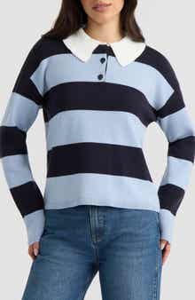 Ruffled Polo Collar Striped Rugby Sweater