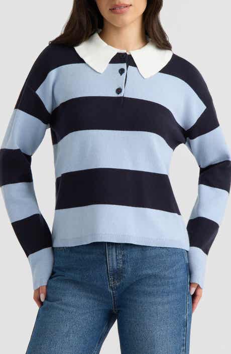 Ruffled Polo Collar Striped Rugby Sweater