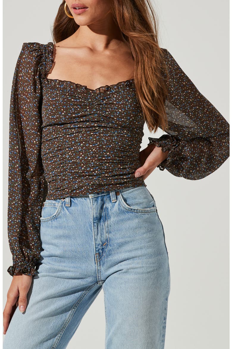 Floral Ruched Sweetheart Neck Top, Alternate, color, BROWN BLUE DITSY
