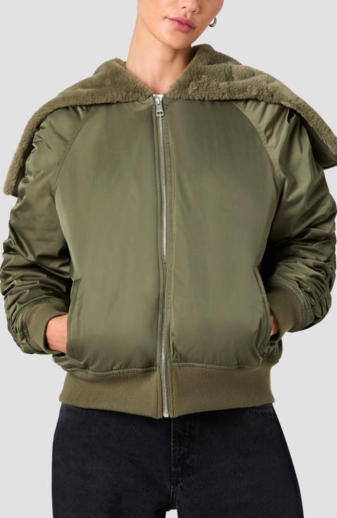 Shirred Sleeve Faux Fur Collar Bomber Jacket