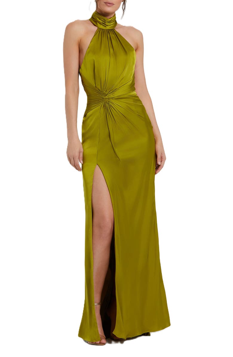 Mac Duggal Open Back Halter Neck Twist Detail Satin Gown, Main, color, Olive