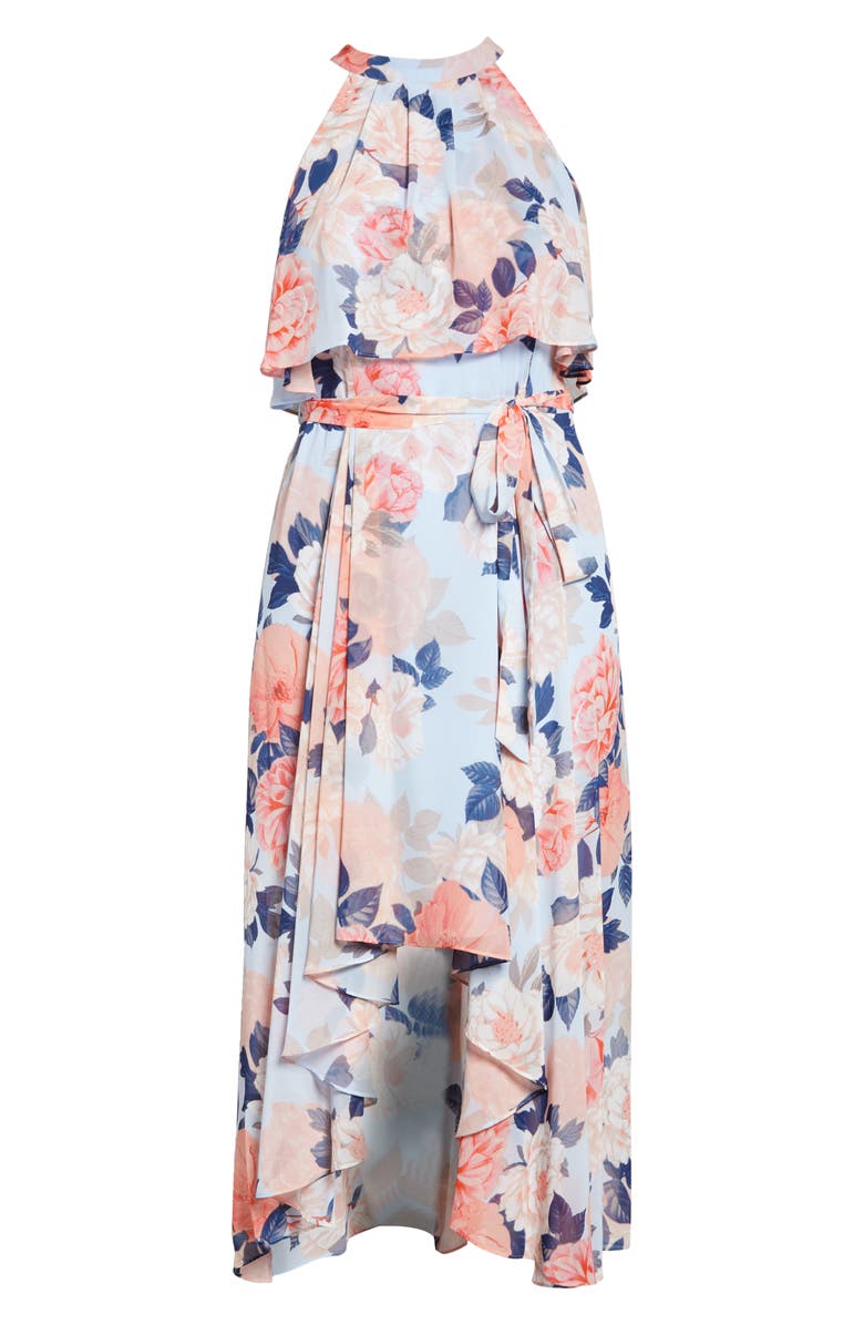 Eliza J Floral Popover Bodice High-Low Chiffon Dress, Alternate, color,