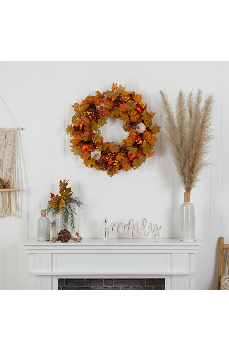 NEARLY NATURAL Autumn Pumpkin & Mable Leaves Wreath, Alternate, color, Orange