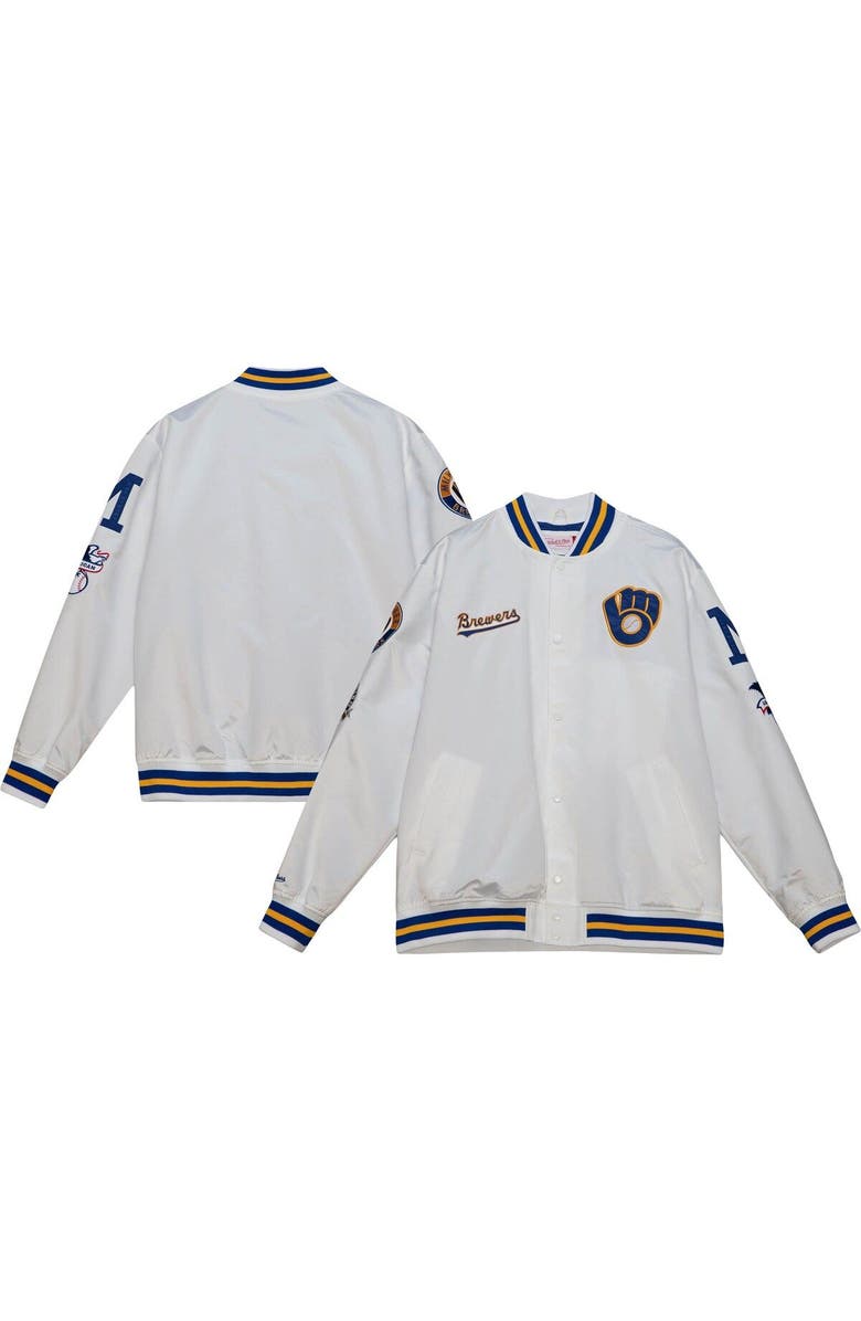 Mitchell & Ness Men's Mitchell & Ness White Milwaukee Brewers City Collection Satin Full-Snap Varsity Jacket, Main, color, White