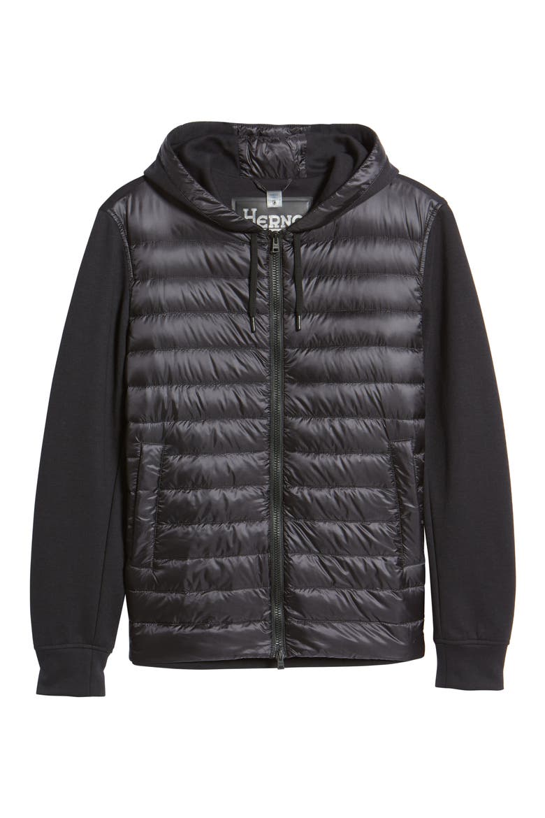 Men's Fleece & Quilted Down Hooded Jacket, Alternate, color, NERO