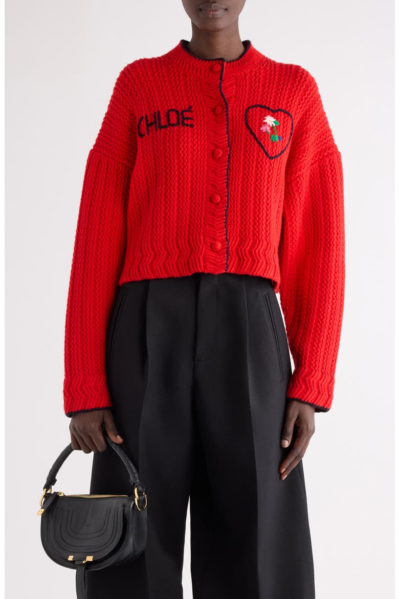 Logo Heart Wool & Cashmere Cardigan, Main, color, TULIP RED