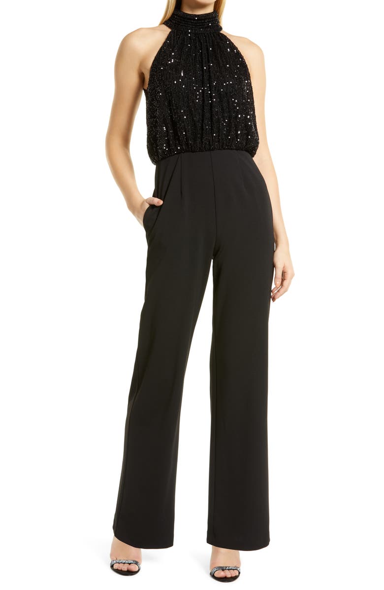 Eliza J Sequin Bodice Halter Neck Jumpsuit, Main, color, 