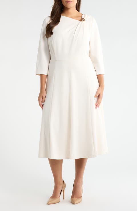 Shoulder Pin Asymmetric Long Sleeve Midi Dress (Plus)