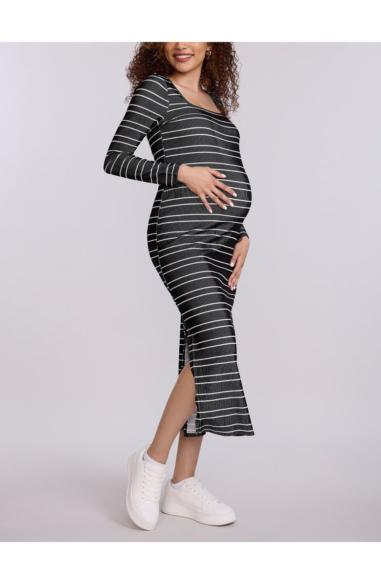 MOTHERHOOD MATERNITY Square Neck Rib Knit Long Sleeve Bodycon Maxi Dress, Main, color, Black & White Stripes