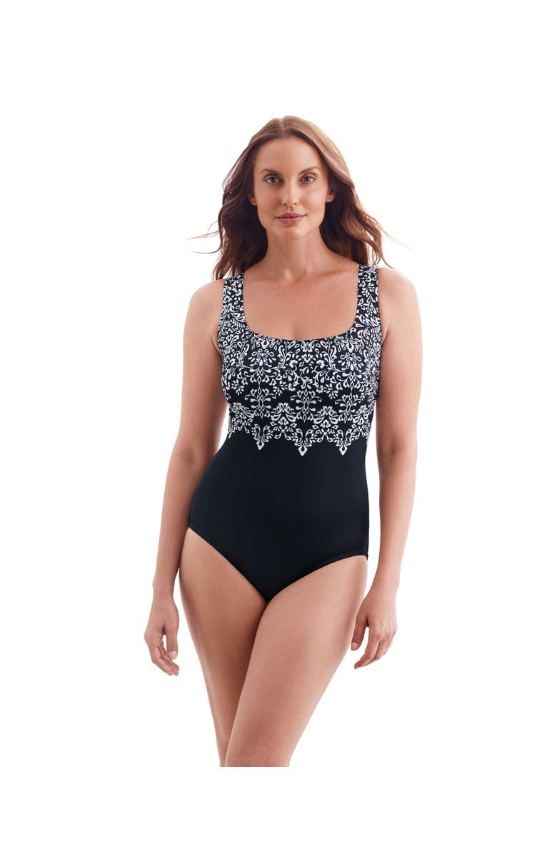 Longitude Double X-Back Tank Long Torso One-Piece Swimsuit, Main, color, Garland Edge