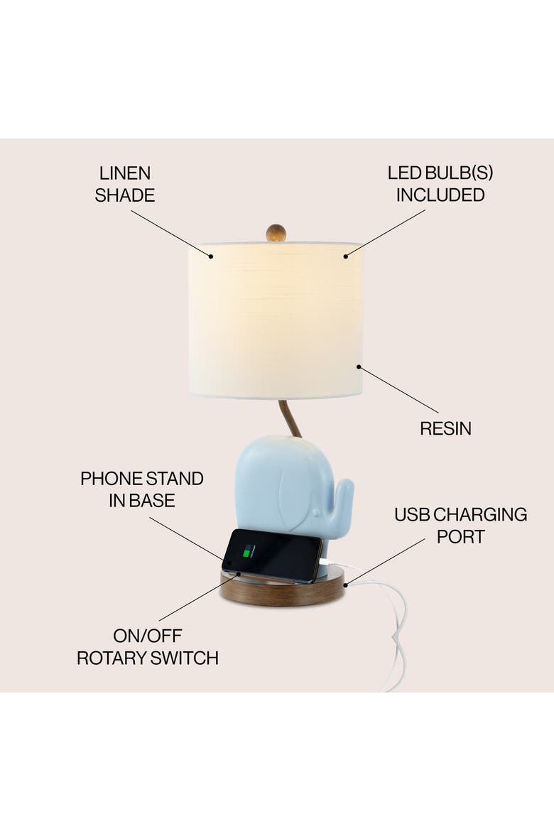 Ellie Bohemian Designer Iron/Resin Elephant LED Kids' Table Lamp with Phone Stand and USB Charging Port, Alternate, color, Blue