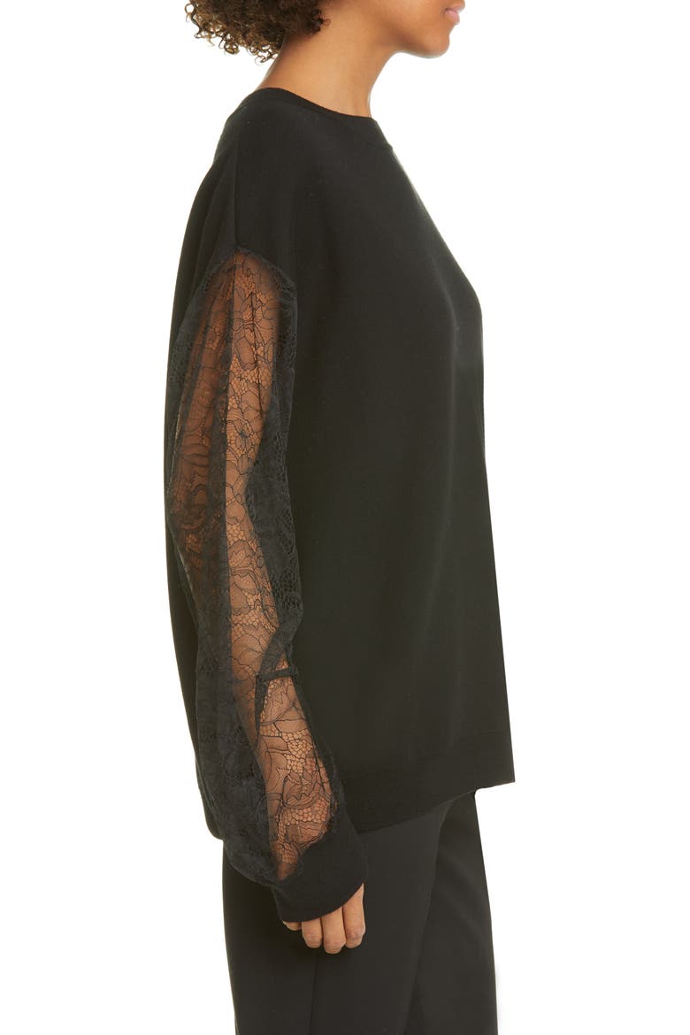 Lace Sleeve Merino Wool Blend Sweater, Alternate, color, BLACK