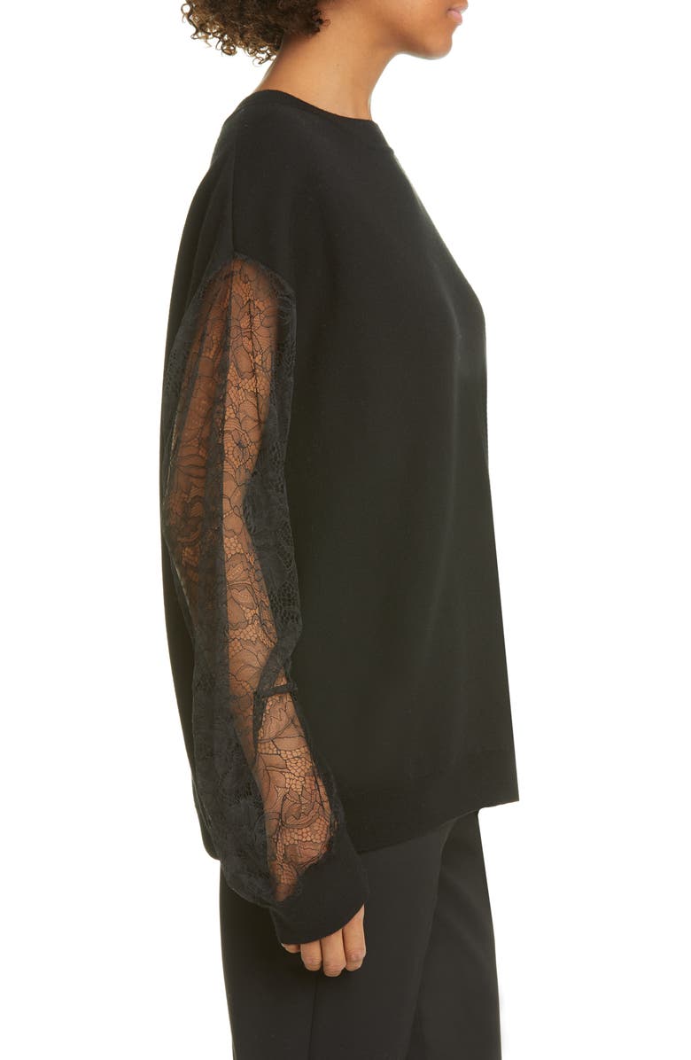 Adam Lippes Lace Sleeve Merino Wool Blend Sweater, Alternate, color,