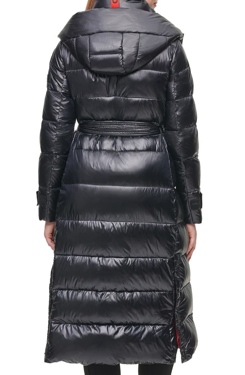 KARL LAGERFELD PARIS Contrast Belted Longline Puffer Jacket, Alternate, color, Black