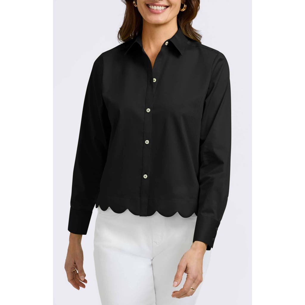 Foxcroft Scarlett Scallop Hem Button-up Shirt In Black