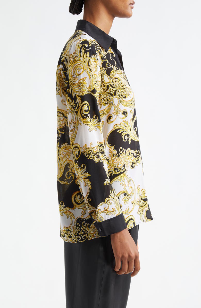 L'AGENCE Gio Scroll Print Silk Button-Up Shirt, Alternate, color, Black/ Gold Baroque