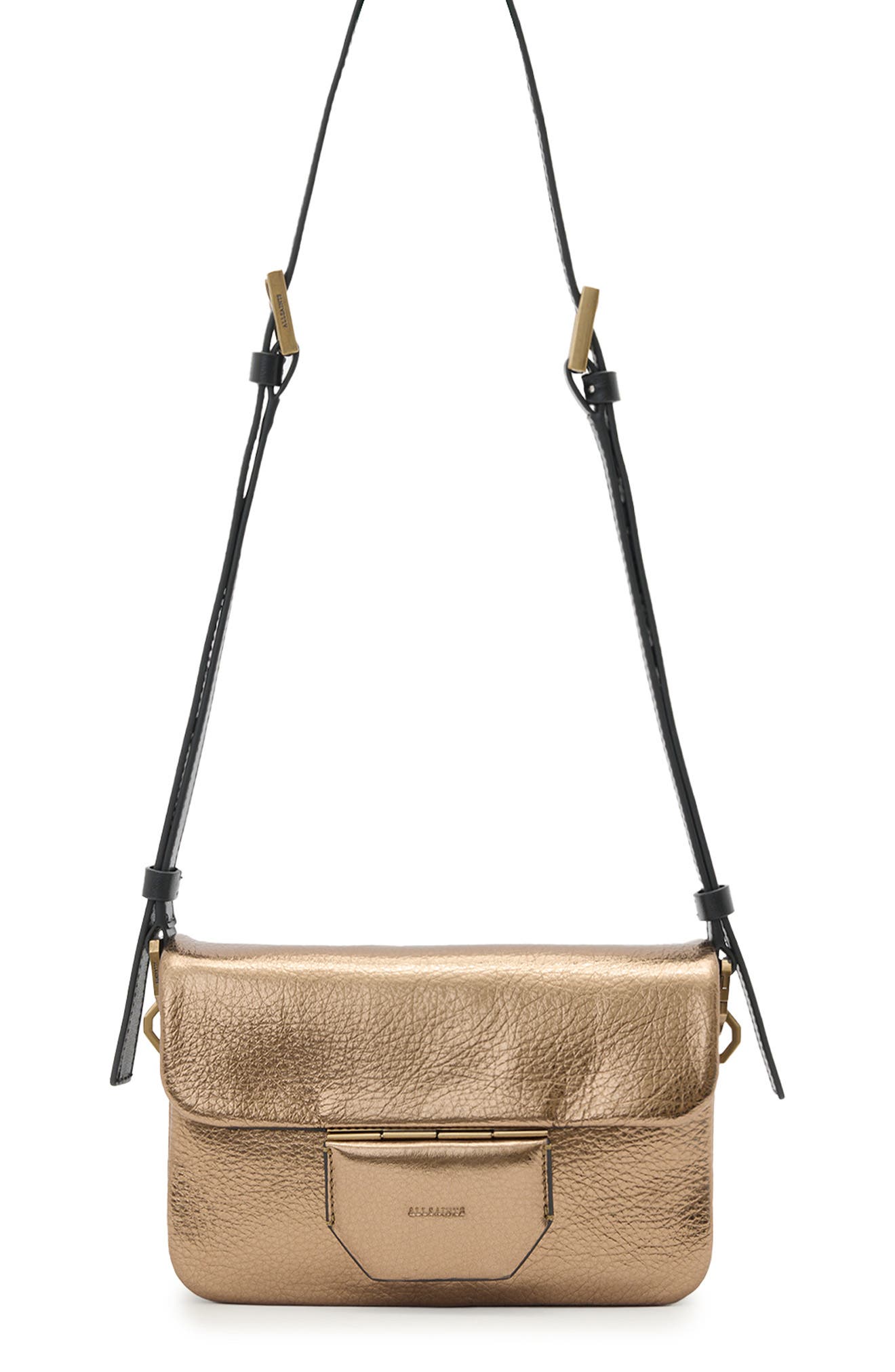 AllSaints Jupiter Metallic Leather Crossbody Bag, Main, color, Warm Brass