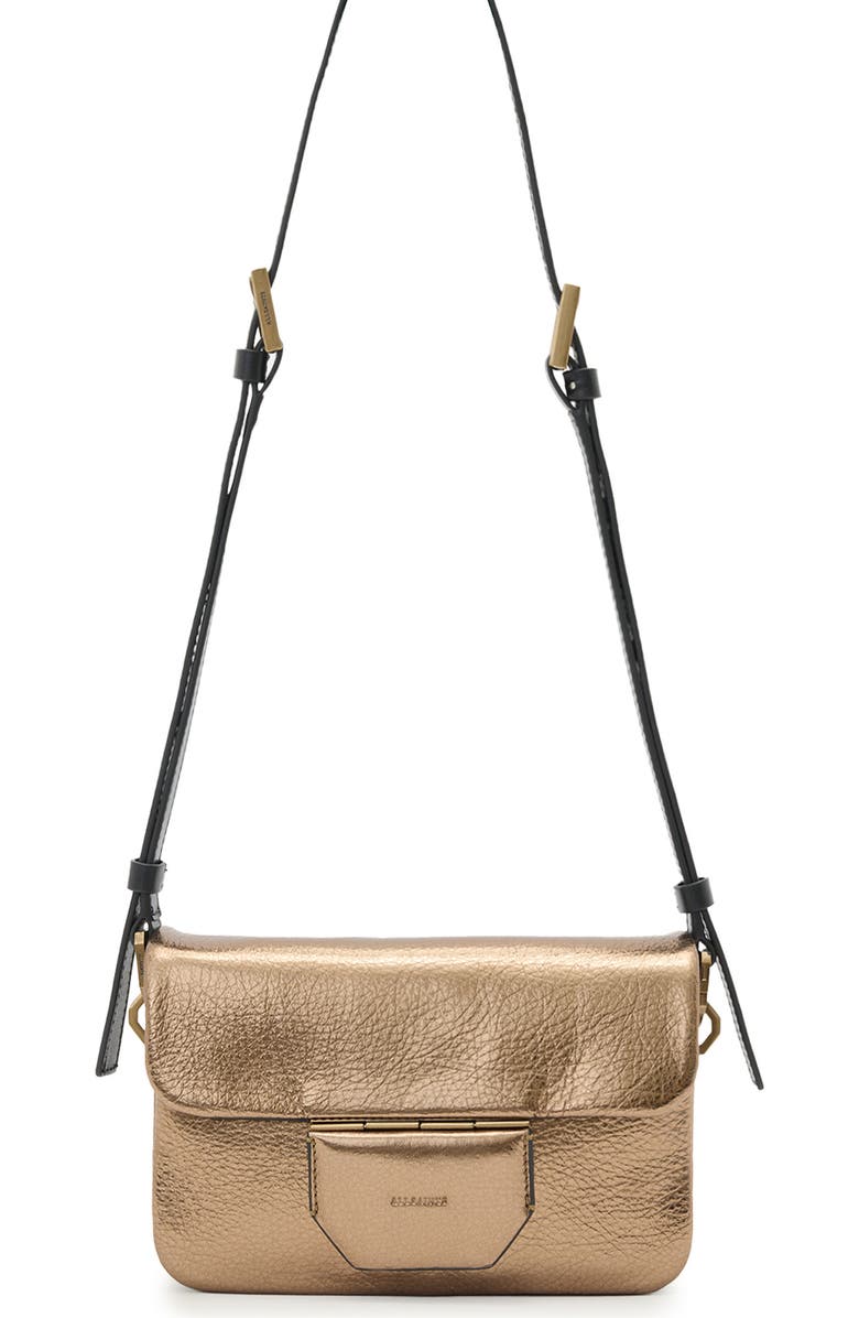AllSaints Jupiter Metallic Leather Crossbody Bag, Main, color, Warm Brass