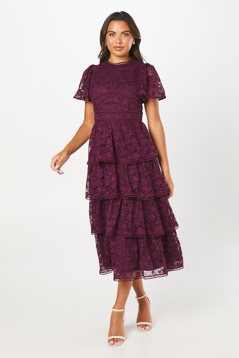 Flutter Sleeve Tiered Lace Dress, Main, color, Plum