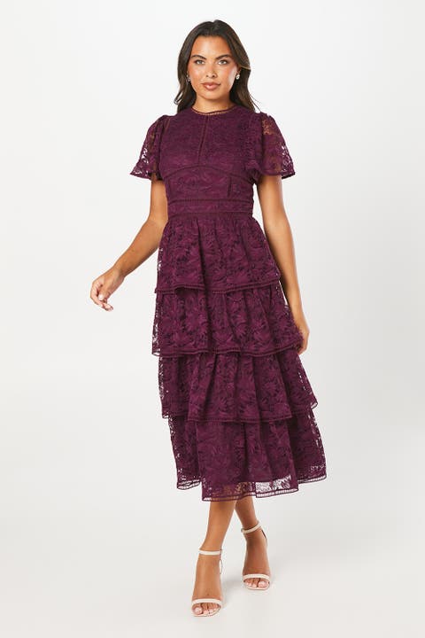 Tiered Lace Dress With Flutter Sleeve