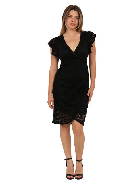 Womens Elevate Lace V-Neck Flutter Sleeve Faux Wrap Midi Dress