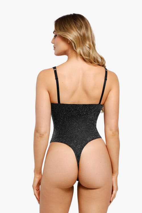 Popilush Shapewear Ruched Metallic Knit Square Neck Slimming Bodysuit In Jet Black