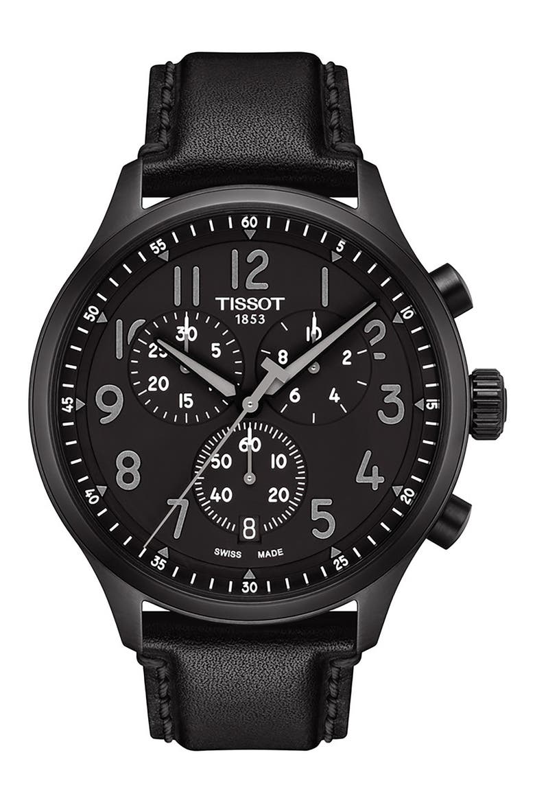 Chrono XL Chronograph Leather Strap Watch, 45mm, Main, color, BLACK