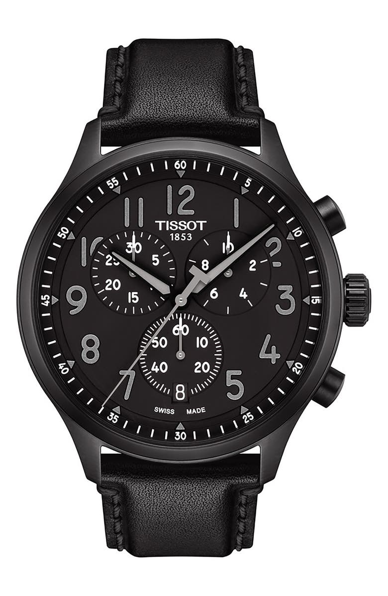Tissot Chrono XL Chronograph Leather Strap Watch, 45mm, Main, color, Black