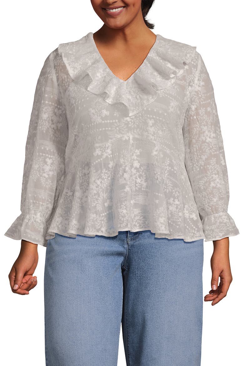 Plus Size Feminine Ruffle Chiffon V Neck Blouse, Main, color, Ivory