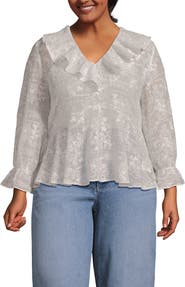 Lands' End Feminine Ruffle Chiffon V Neck Blouse