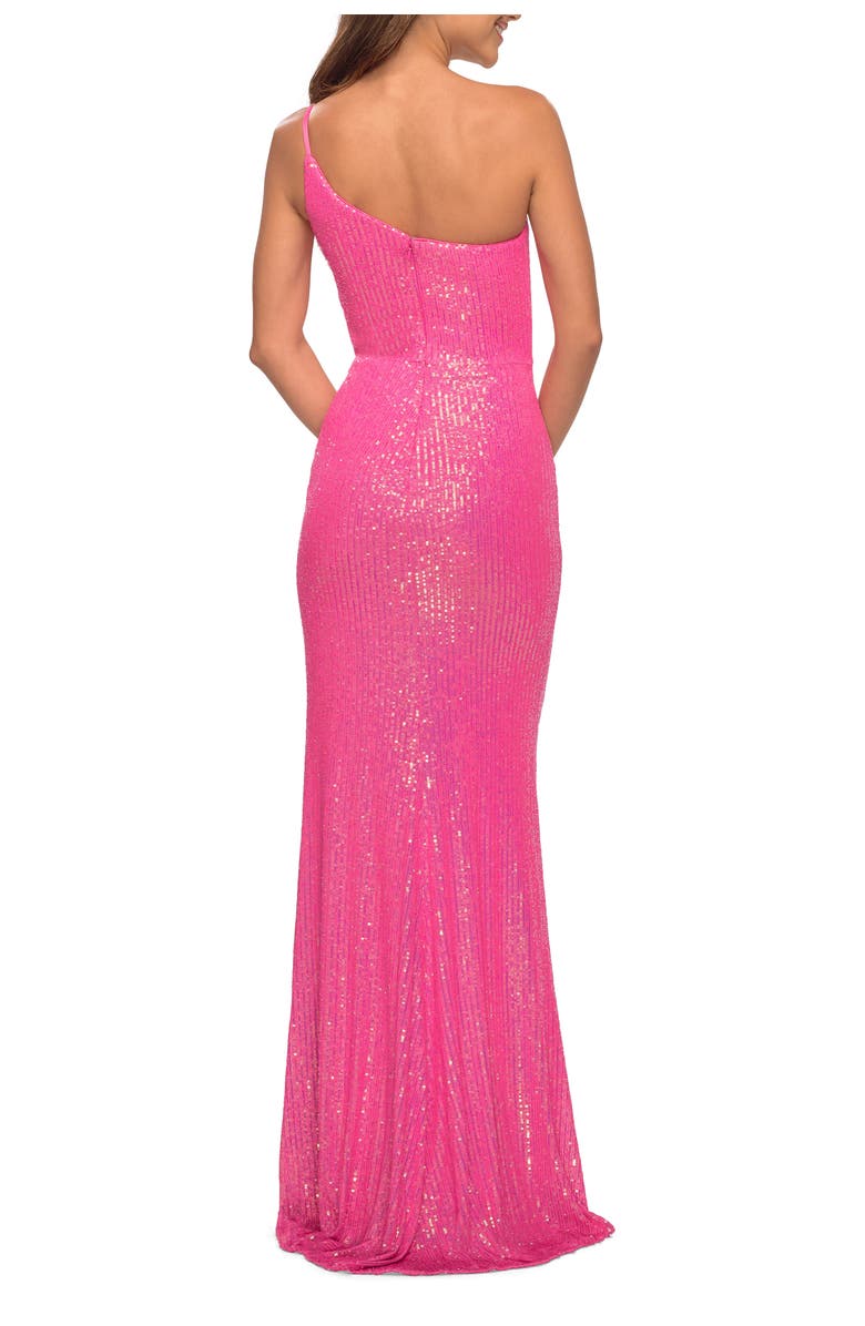 La Femme Hot Pink Simple One Shoulder Long Sequin Dress, Alternate, color, Hot Pink