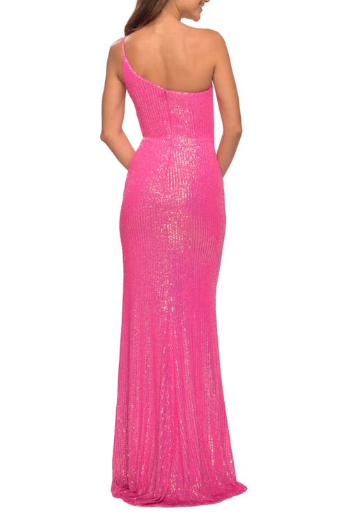 La Femme Hot Pink Simple One Shoulder Long Sequin Dress In Hot Pink